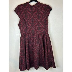 Rewind Womens Burgundy Black Damask Fit and Flare Dress Mock Neck Coquette M